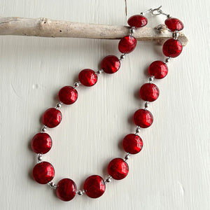 Necklace with red Murano glass medium lentil beads on silver