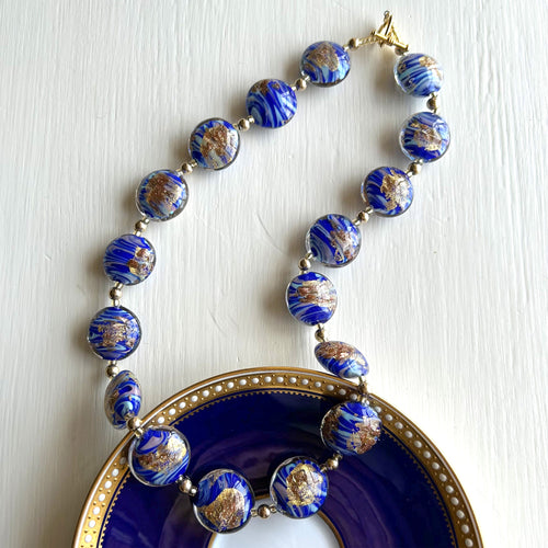 Necklace with light dark blue swirl, aventurine, gold Murano glass medium lentil beads on gold
