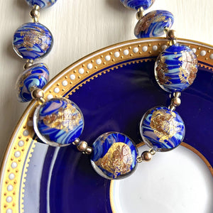 Necklace with light dark blue swirl, aventurine, gold Murano glass medium lentil beads on gold