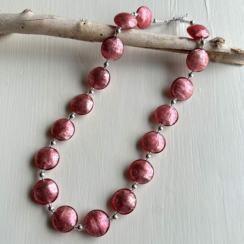 Necklace with rose pink (cerise, fuchsia) Murano glass medium lentil beads on silver