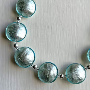 Necklace with aquamarine (blue) Murano glass medium lentil beads on silver