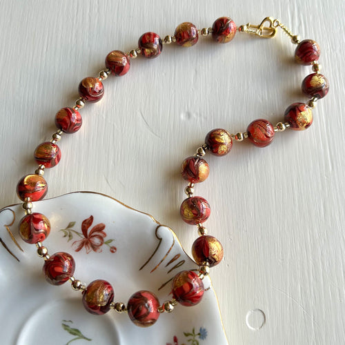 Necklace with byzantine red and gold Murano glass small sphere beads on silver