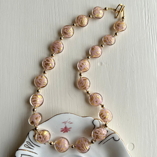 Necklace with pink pastel graffiti and gold Murano glass medium lentil beads on gold