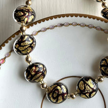 Necklace with black pastel graffiti and gold Murano glass medium lentil beads on gold