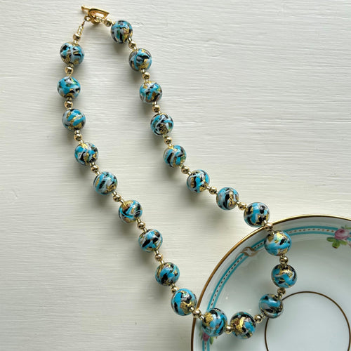 Necklace with aqua and turquoise carnival and gold Murano glass small sphere beads on gold