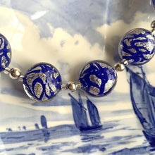 Necklace with blue pastel graffiti and white gold Murano glass medium lentil beads on silver