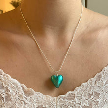 Necklace with teal (green, jade) Murano glass medium heart pendant on silver chain