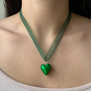 Necklace with dark green (emerald) Murano glass medium heart pendant on ribbon