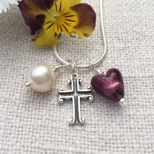 Three charm necklace in Sterling Silver with amethyst Murano glass heart, cross and pearl