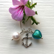 Three charm necklace in Sterling Silver with sea green Murano glass heart, anchor and pearl