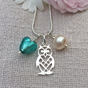 Three charm necklace in silver with teal (green, jade) heart and *charm options*