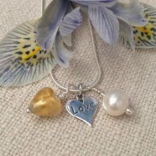 Three charm necklace in silver with light (pale) gold heart and *charm options*