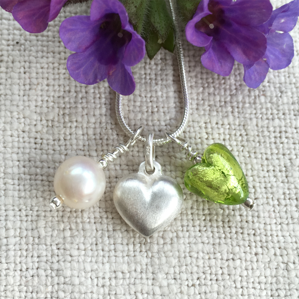 Three charm necklace in silver with light green (peridot) heart and *charm options*