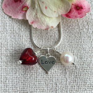 Three charm necklace in silver with red heart and *charm options*