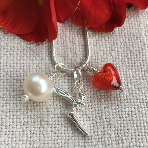 Three charm necklace in silver with light red heart and *charm options*