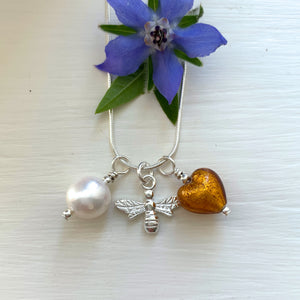 Three charm necklace in silver with brown topaz (amber) heart and *charm options*