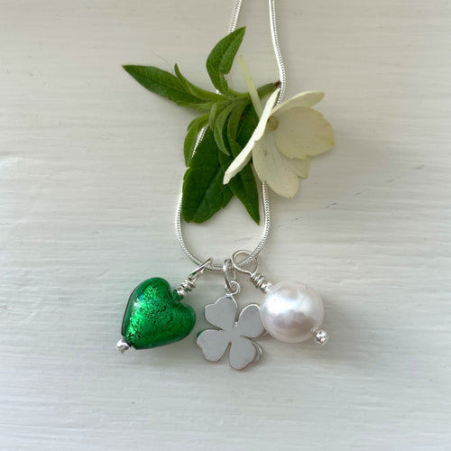 Three charm necklace in silver with dark green (emerald) heart and *charm options*