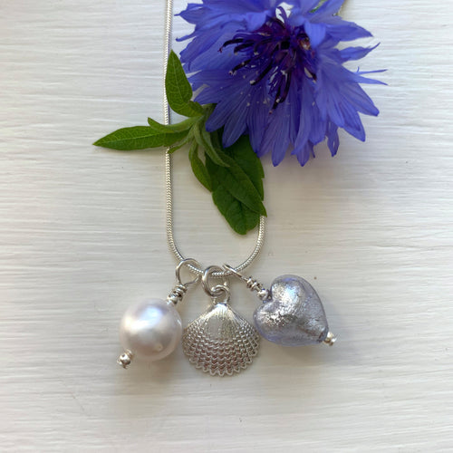 Three charm necklace in silver with lilac (purple) heart and *charm options*