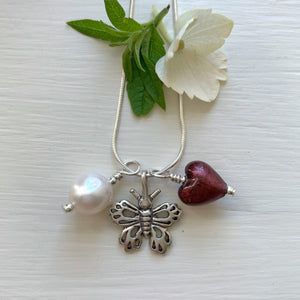 Three charm necklace in silver with dark amethyst heart and *charm options*