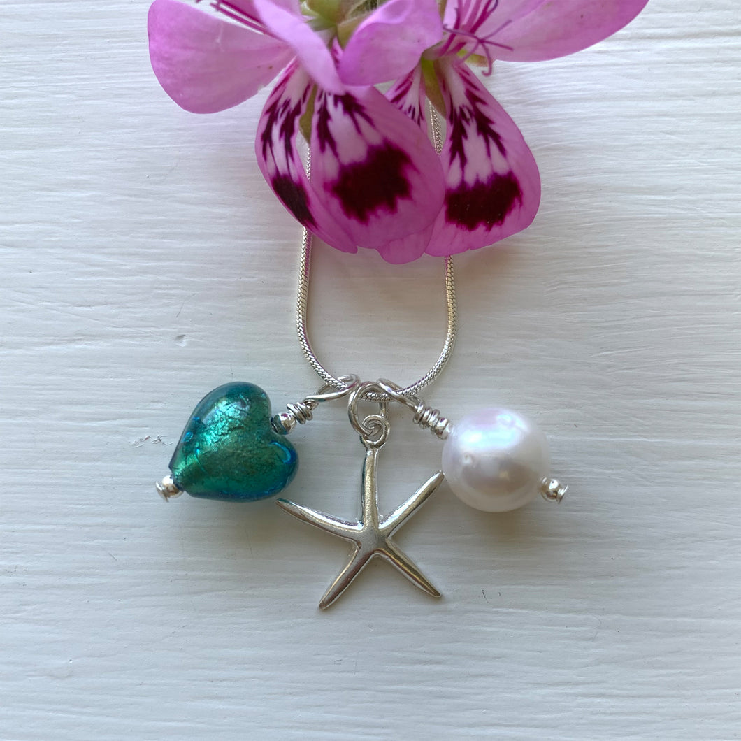 Three charm necklace in silver with sea green (jade, teal) heart and *charm options*