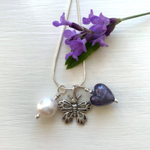 Three charm necklace in silver with purple velvet heart and *charm options*