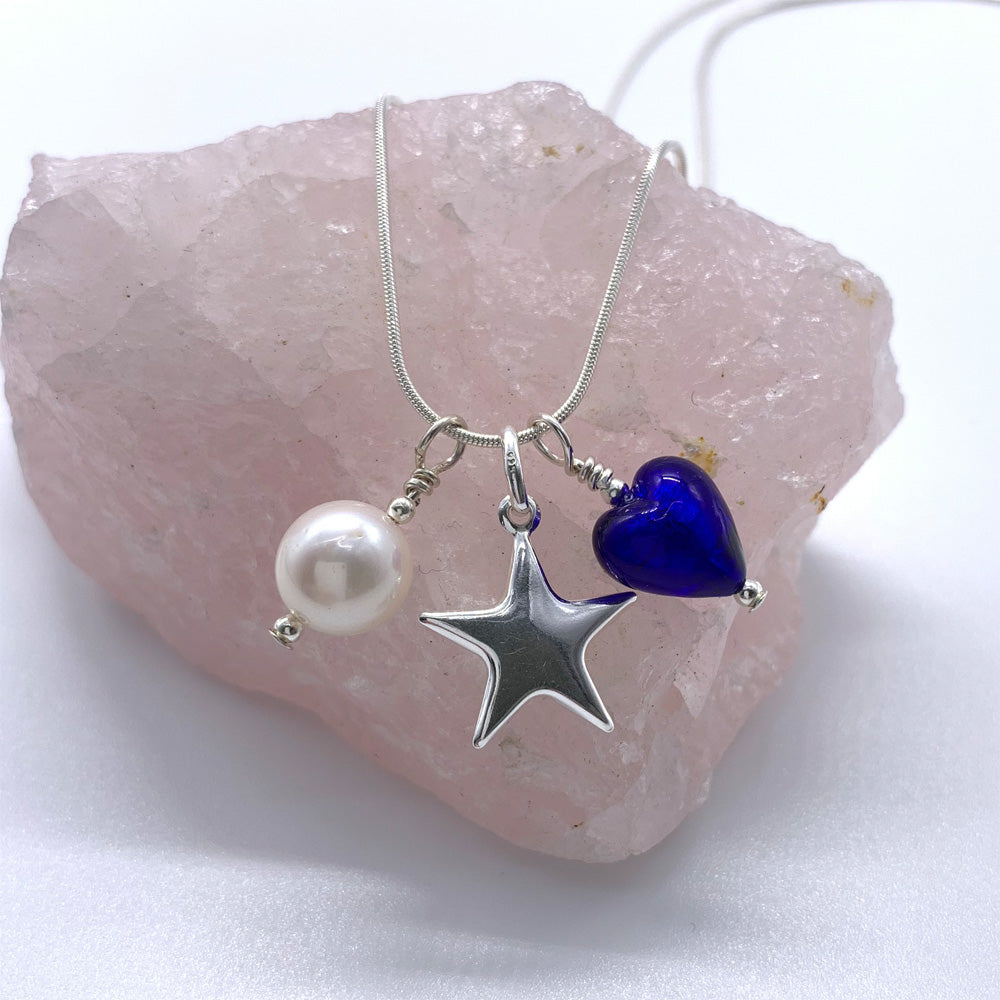 Three charm necklace in silver with dark blue (cobalt) heart and *charm options*