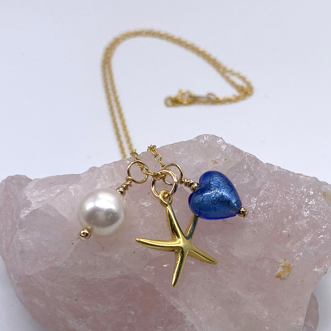 Three charm necklace in gold vermeil with cornflower blue heart and *5 charm options*