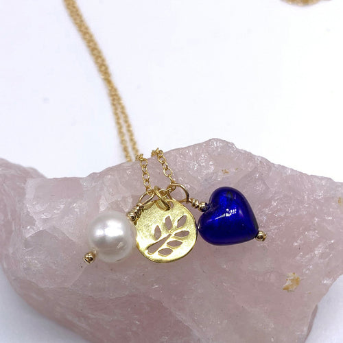 Three charm necklace in gold vermeil with dark blue (cobalt) heart and *5 charm options*