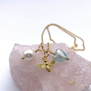 Three charm necklace in gold vermeil with aquamarine (blue) heart and *5 charm options*
