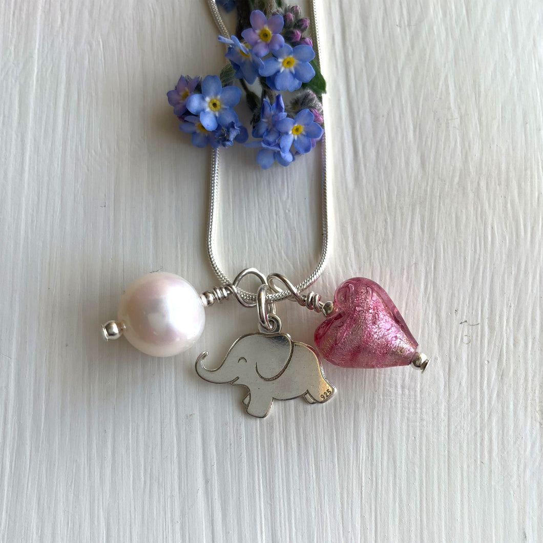Three charm necklace in silver with rose pink (cerise, fuchsia) heart and *charm options*