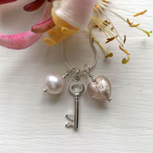 Three charm necklace in silver with champagne (peach, pink) heart and *charm options*
