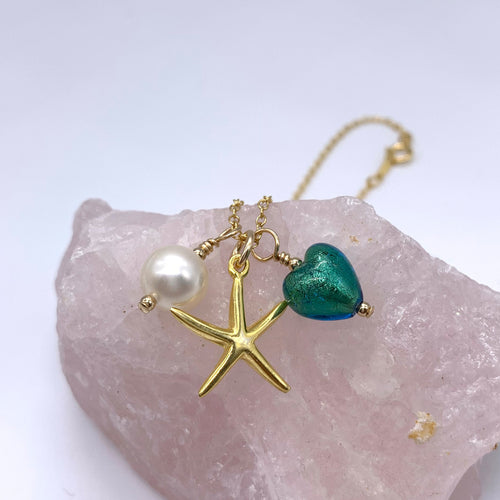 Three charm necklace in gold vermeil with sea green (jade) heart and *5 charm options*