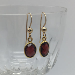 Gemstone earrings with garnet (red) crystal drops on silver or gold hooks