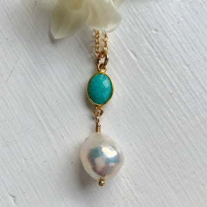 Gemstone necklace with amazonite (blue) crystal and large pearl pendant on gold chain