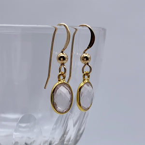 Gemstone earrings with rose quartz (pink) crystal drops on silver or gold hooks
