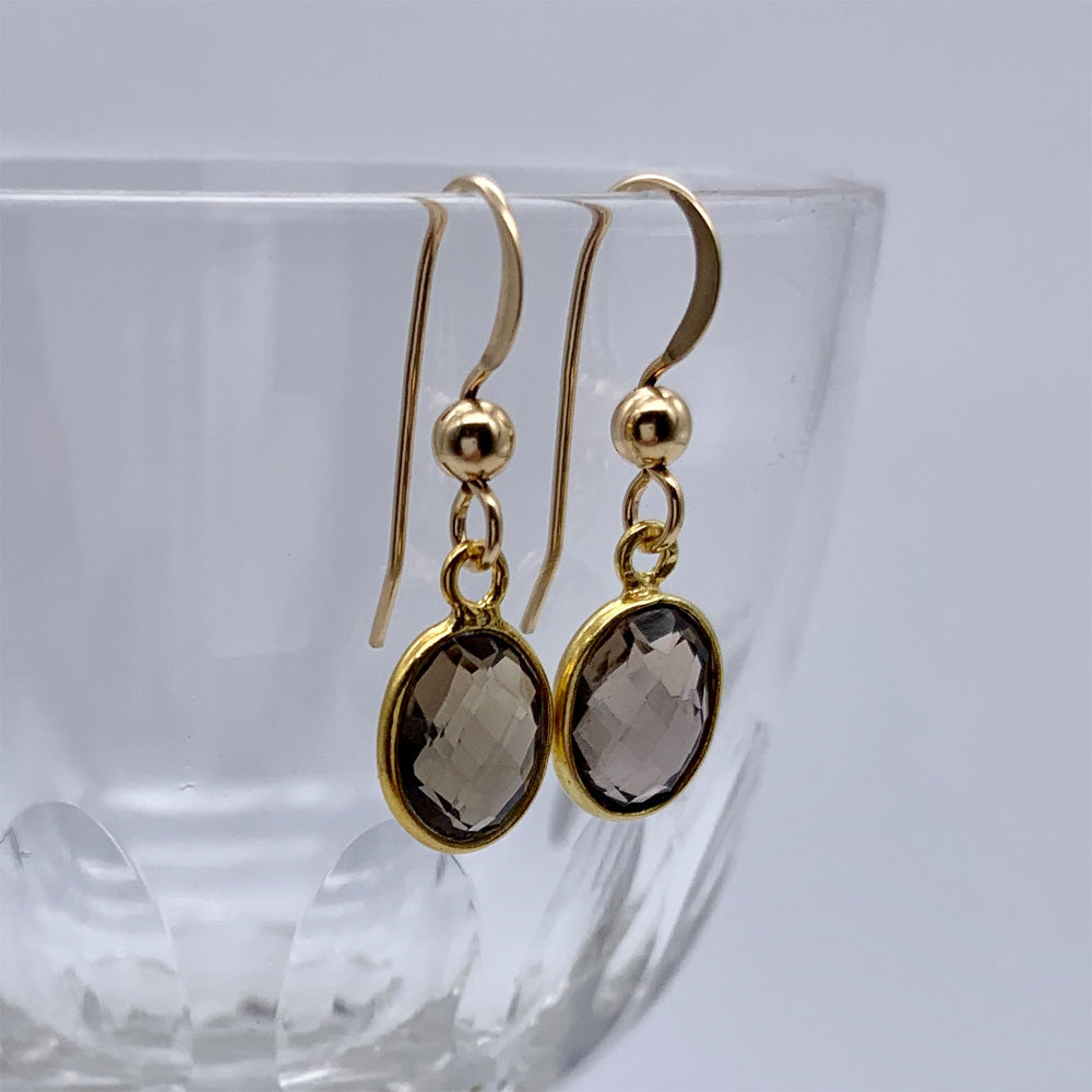 Gemstone earrings with smoky quartz (brown) crystal drops on gold hooks