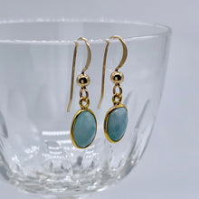 Gemstone earrings with larimar (aquamarine, blue) crystal drops on gold hooks