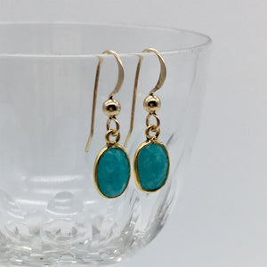 Gemstone earrings with amazonite (blue) crystal drops on gold hooks