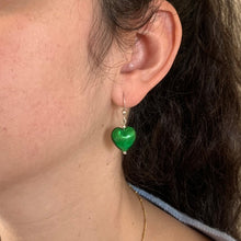 Earrings with dark green (emerald) Murano glass small heart drops on silver or gold