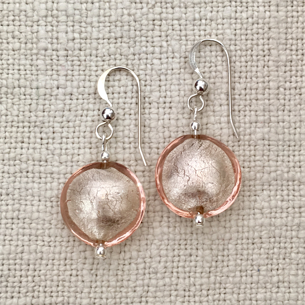 Earrings with champagne (peach, pink) Murano glass small lentil drops on silver or gold