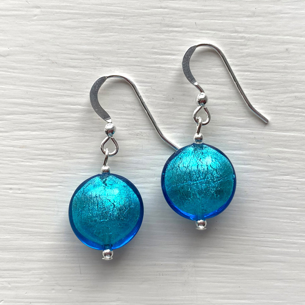 Earrings with turquoise (blue) Murano glass small lentil drops on silver or gold hooks