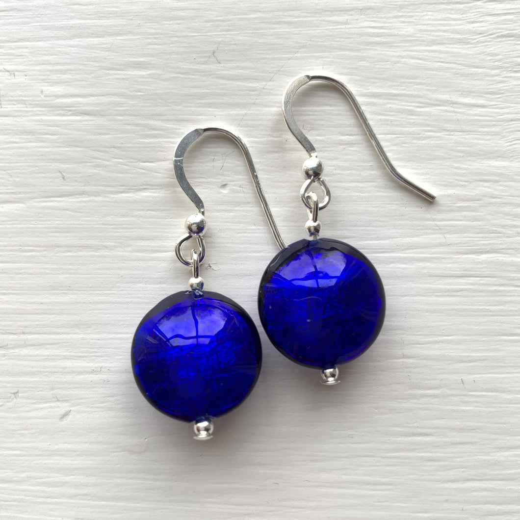 Earrings with dark blue (cobalt) Murano glass small lentil drops on silver or gold hooks