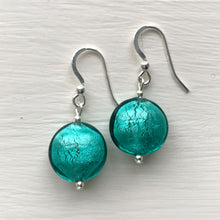 Earrings with teal (green, jade) Murano glass small lentil drops on silver or gold hooks