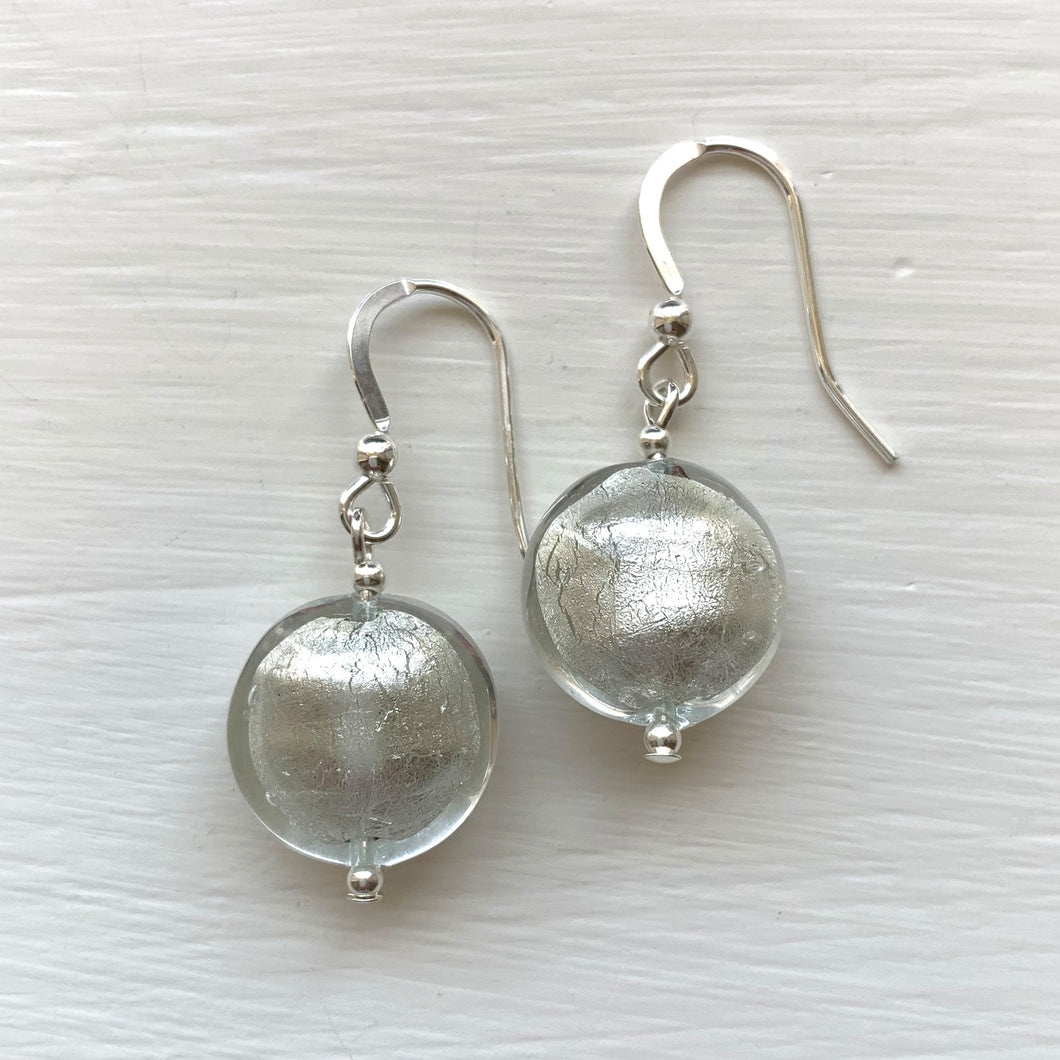 Earrings with clear crystal and white gold Murano glass small lentil drops on silver or gold