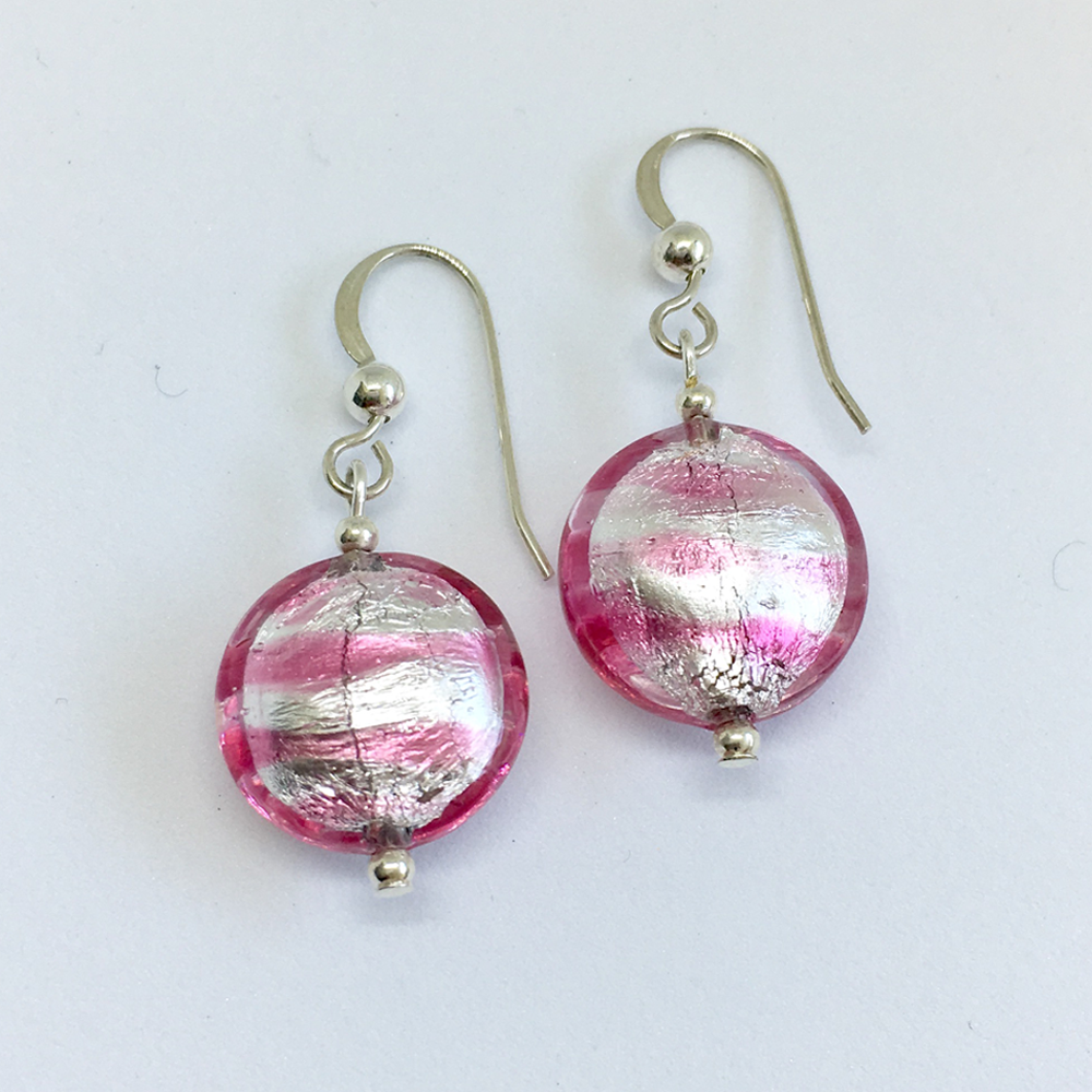 Earrings with candy stripe pink Murano glass small lentil drops on silver or gold hooks