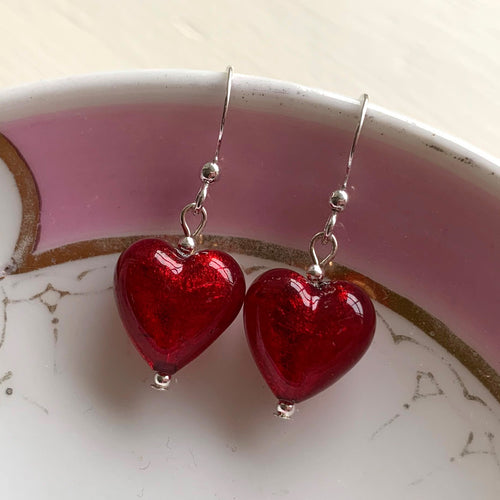 Earrings with red Murano glass small heart drops on silver or gold hooks