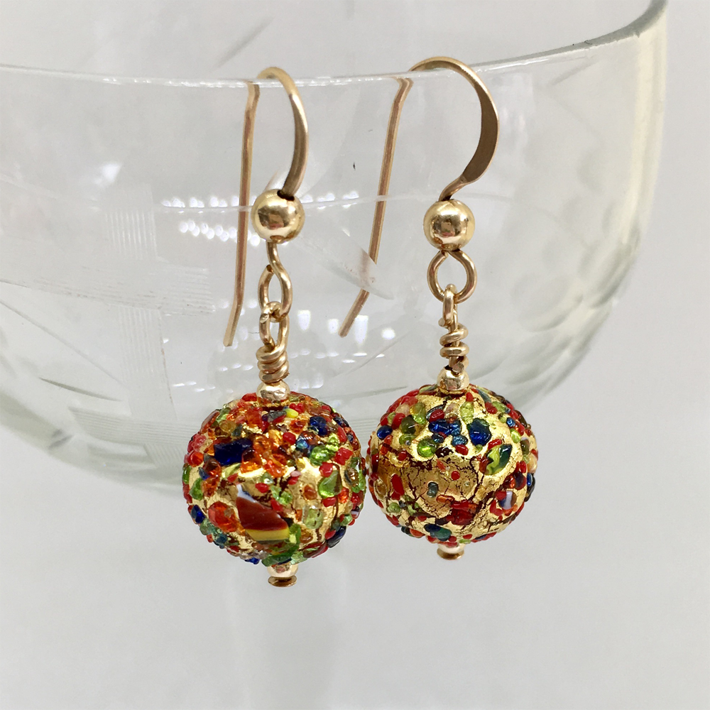 Earrings with speckled colours over gold Murano glass small sphere drops