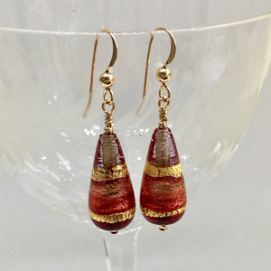 Earrings with cranberry, red and gold Murano glass short pear drops on silver or gold