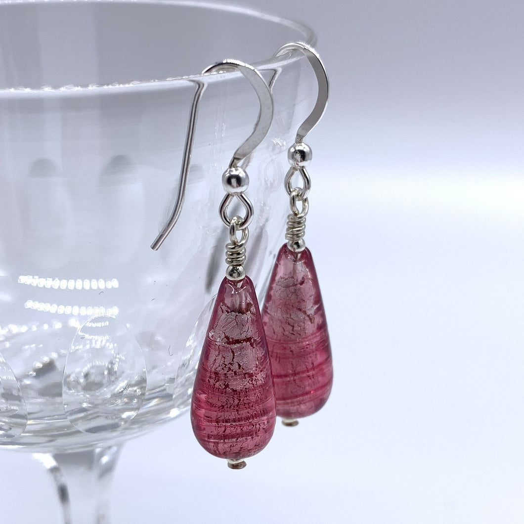 Earrings with rose pink (cerise) Murano glass short pear drops on silver or gold hooks