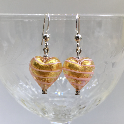 Earrings with pink spiral and gold Murano glass small heart drops on silver or gold
